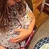 brick_wall, cat, child, cozy, cradling, dessert, family, girl, holding, home, indoors, kitten, long_hair, orange_cat, pet, plate, portrait, table, white_cat, wooden_floor