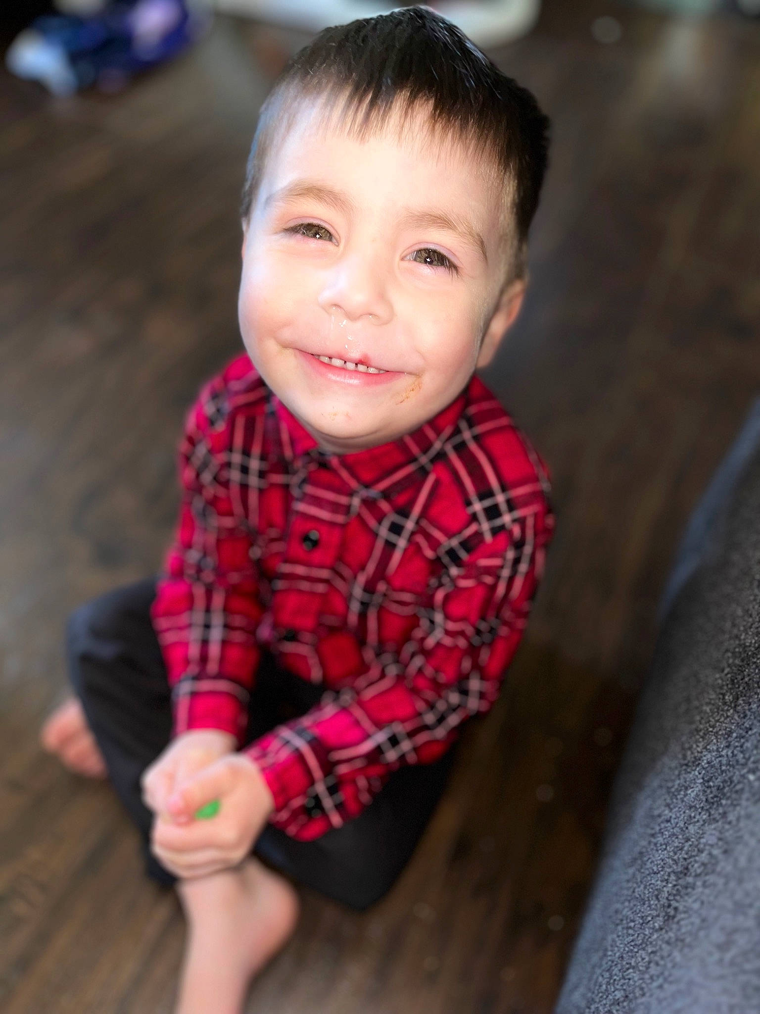 Kayden joined the competition — help win amazing prizes! baby_toddler_clothing, cheek, collar, dress_shirt, eye, face, flash_photography, flooring, hair, happy, head, joy, nose, person, plaid, skin, sleeve, smile, standing, tartan