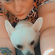 Lucky joined the competition — help win amazing prizes! person, dog, white_dog, close_up, selfie, tattoo, leopard_print, blanket, indoor, cute, pet, animal, face, eyes, expression, cuddle, resting, soft_texture, cozy, warm_lighting