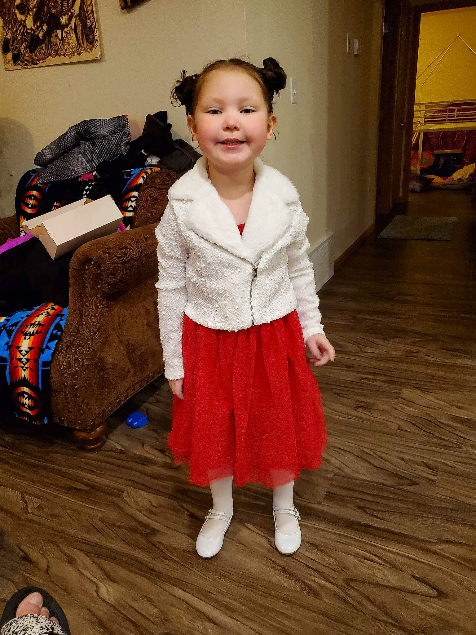 Aubree joined the competition — help win amazing prizes! bag, child, event, fashion_accessory, fashion_design, floor, flooring, formal_wear, fun, fur, happy, hardwood, joy, luggage_and_bags, pattern, person, smile, sock, toddler, trunk