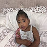 Hope is registered to the contest to win money with this photo: baby, child, toddler, girl, portrait, sitting, bed, pillow, bedding, indoors, home, face, eyes, hair, dress, pacifier, curious, serious_expression, photography, furniture