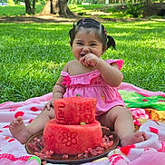 Evangeline is registered to the contest to win money with this photo: baby, child, girl, watermelon, fruit, cake, pink_dress, blanket, grass, outdoor, park, trees, smile, happy, pigtails, cute, summer, food, celebration, playful