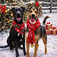 Sirius And Ruger is registered to the contest to win money with this photo: dog, snow, scarf, holiday, christmas, pet, festive, outdoor, winter, animal, gift, decorations, christmas_lights, red_bow, smiling, two_dogs, snowfall, fence, nature, celebration