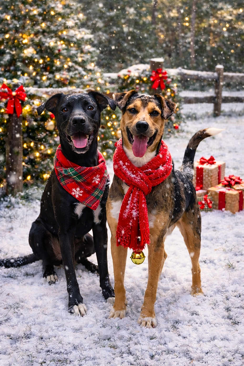 Sirius And Ruger is registered to the contest to win money with this photo: dog, snow, scarf, holiday, christmas, pet, festive, outdoor, winter, animal, gift, decorations, christmas_lights, red_bow, smiling, two_dogs, snowfall, fence, nature, celebration