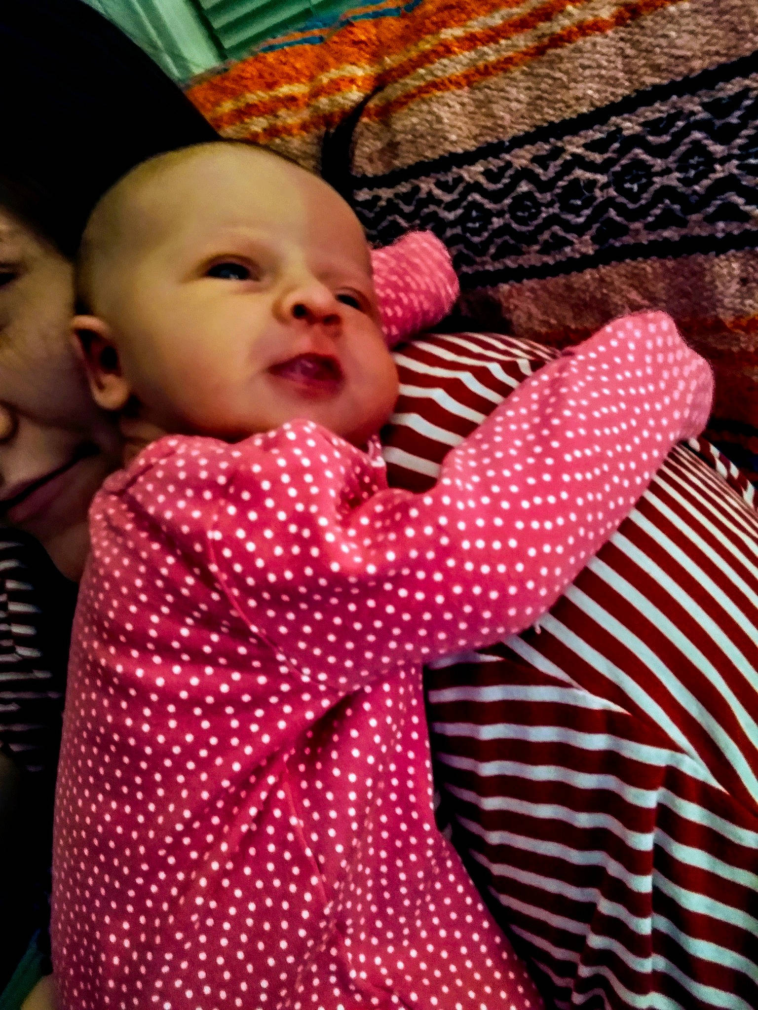 Alexa is registered to the contest to win money with this photo: baby, cheek, child, design, nose, pattern, person, pink, polka_dot, skin, textile, toddler