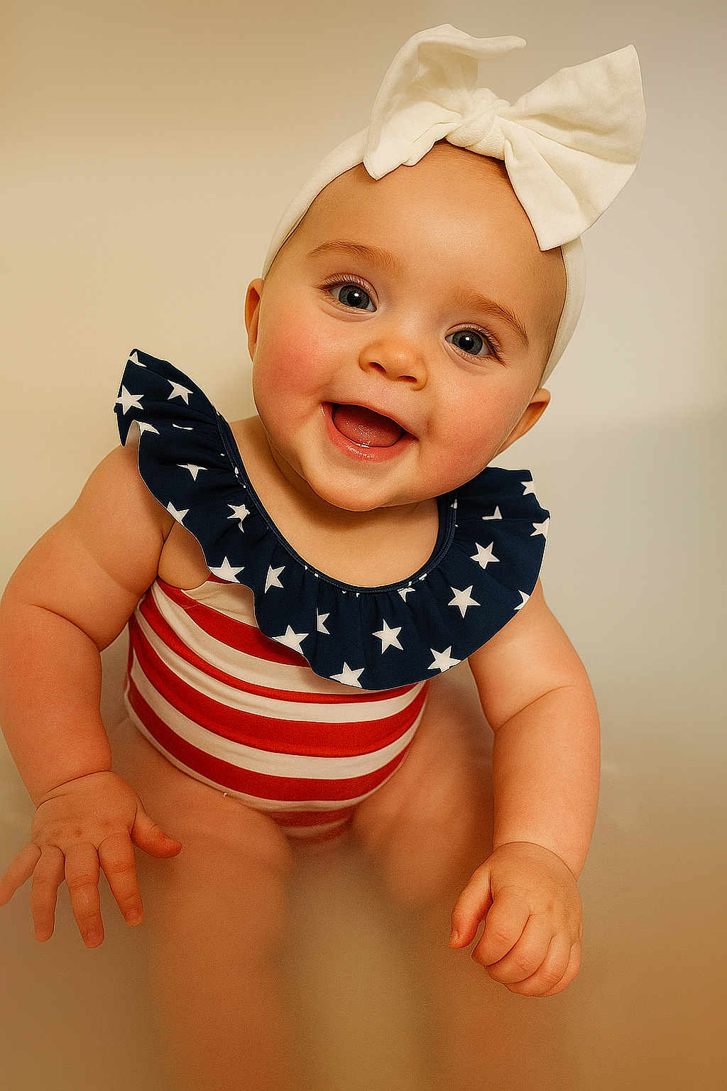 Jolie joined the competition — help win amazing prizes! baby, child, smiling, headband, bow, swimsuit, stars, stripes, bath, water, milky, cute, happy, chubby, skin, portrait, indoors, sitting, infant, playful