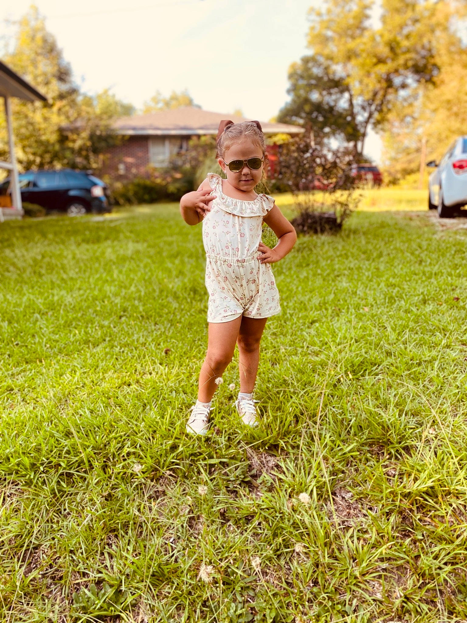 Oaklee is registered to the contest to win money with this photo: car, dress, eyewear, grass, grass_family, grassland, happy, landscape, lawn, leisure, meadow, people_in_nature, person, plant, sky, summer, sunlight, tire, toddler, tree
