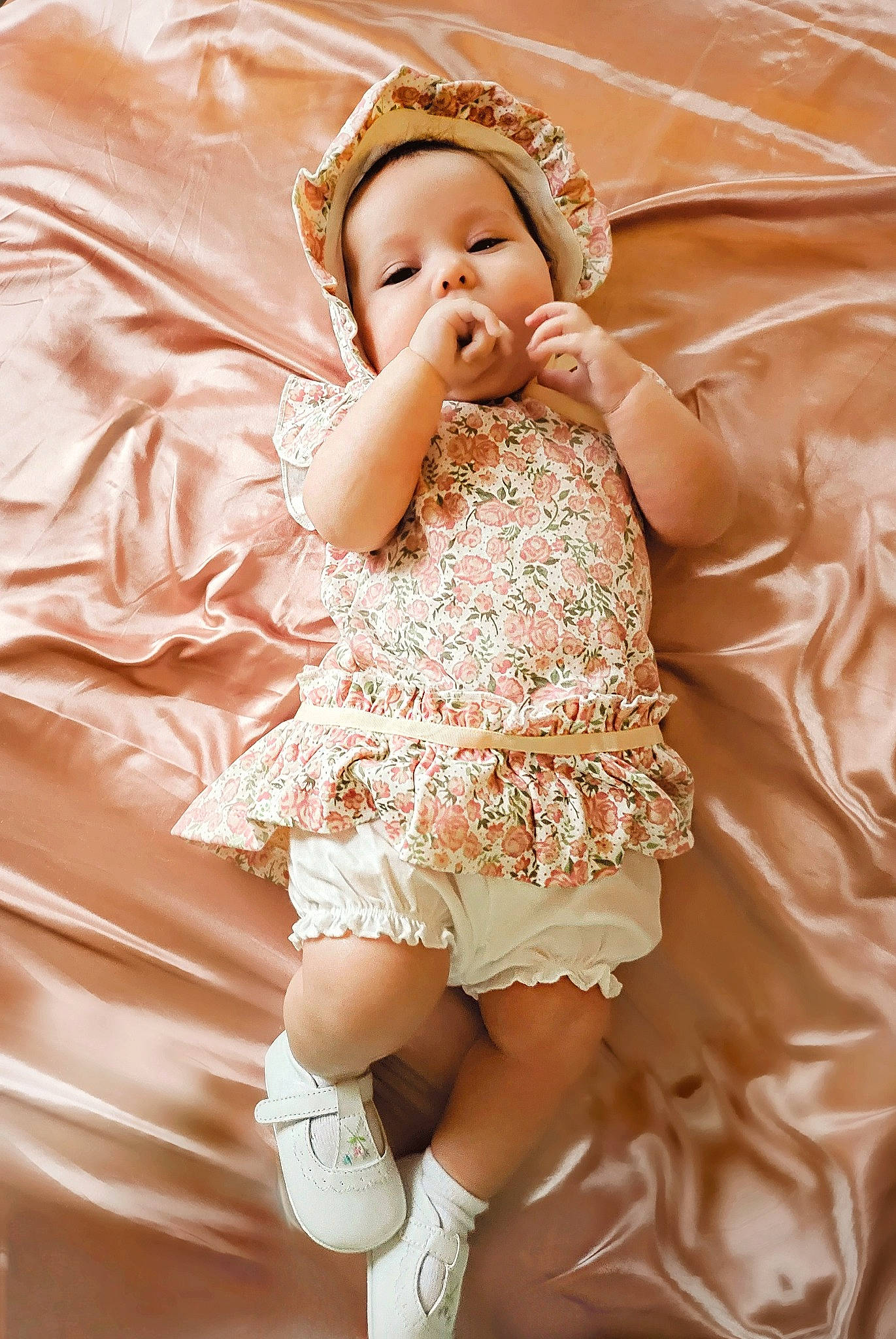 Lilly joined the competition — help win amazing prizes! baby, baby_toddler_clothing, blond, child, comfort, dress, embellishment, fashion_design, finger, happy, human_leg, linens, pattern, peach, person, pink, skin, sleeve, textile, thigh