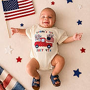 Liam is registered to the contest to win money with this photo: american_flag, baby, blanket, blue, celebration, child, flag, happy, holiday, infant, july_4th, onesie, patriotic, portrait, red, sandals, smiling, soft_surface, stars, white
