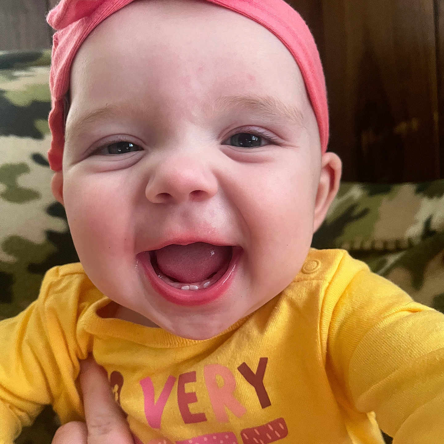Elora joined the competition — help win amazing prizes! accessories, baby, babylaughing, bodypart, clothing, face, happy, head, headband, jewelry, laughing, mouth, necklace, newborn, person, photography, portrait, smile, t_shirt, teeth