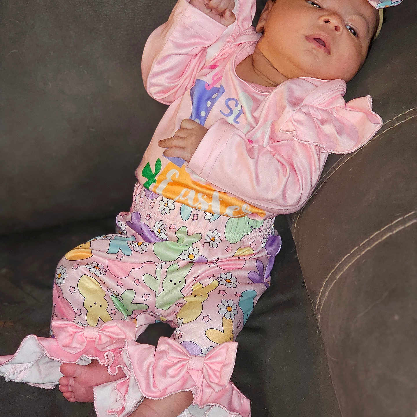 La'Riah joined the competition — help win amazing prizes! baby, bodypart, bonnet, cap, clothing, couch, dress, face, finger, furniture, hand, hat, head, newborn, pants, person, photography, portrait, sitting, sleeping