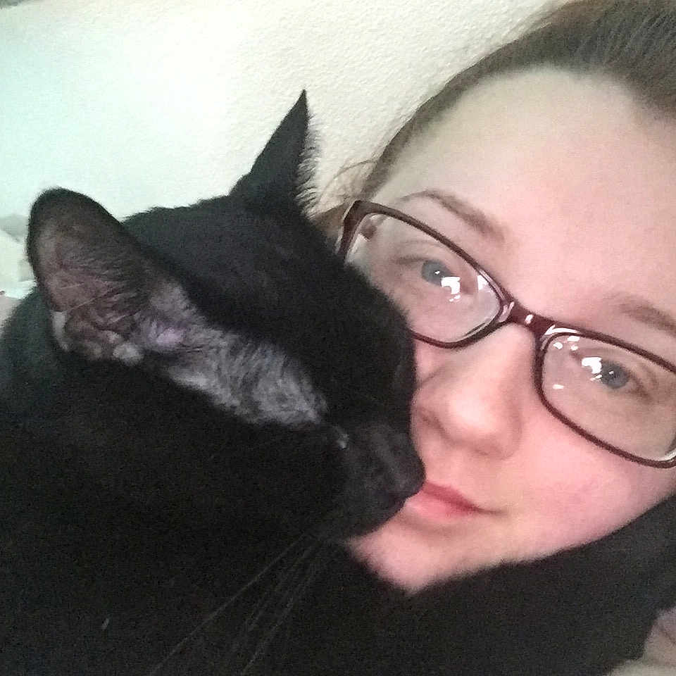 Midnite joined the competition — help win amazing prizes! asian, black_cat, black_hair, carnivore, cat, cool, ear, eye, eyebrow, face, felidae, forehead, glasses, head, nose, person, selfie, skin, small_to_medium_sized_cats, snout