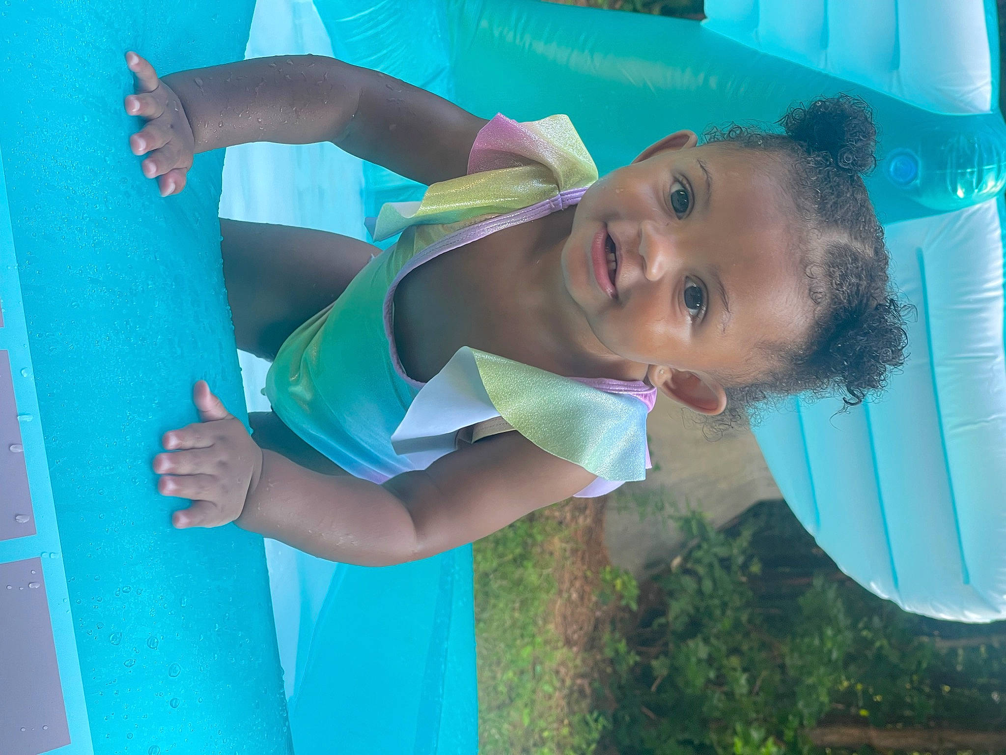 Mackenzie joined the competition — help win amazing prizes! aqua, azure, baby, baby_toddler_clothing, blue, child, elbow, electric_blue, fun, grass, happy, leisure, people_in_nature, person, play, recreation, smile, summer, toddler, vacation