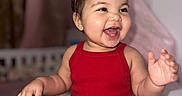 Emily joined the competition — help win amazing prizes! baby, toddler, crown, red_outfit, smiling, happy, sitting, indoor, child, cute, portrait, face, expression, clothing, headwear, infant, joyful, person, skin, hand