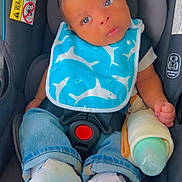 Akari joined the competition — help win amazing prizes! baby, car_seat, bib, blue, shark_pattern, bottle, footwear, jeans, infant, child, cute, white_shoes, clothing, seatbelt, safety, portrait, indoor, person, looking, small