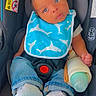baby, car_seat, bib, blue, shark_pattern, bottle, footwear, jeans, infant, child, cute, white_shoes, clothing, seatbelt, safety, portrait, indoor, person, looking, small