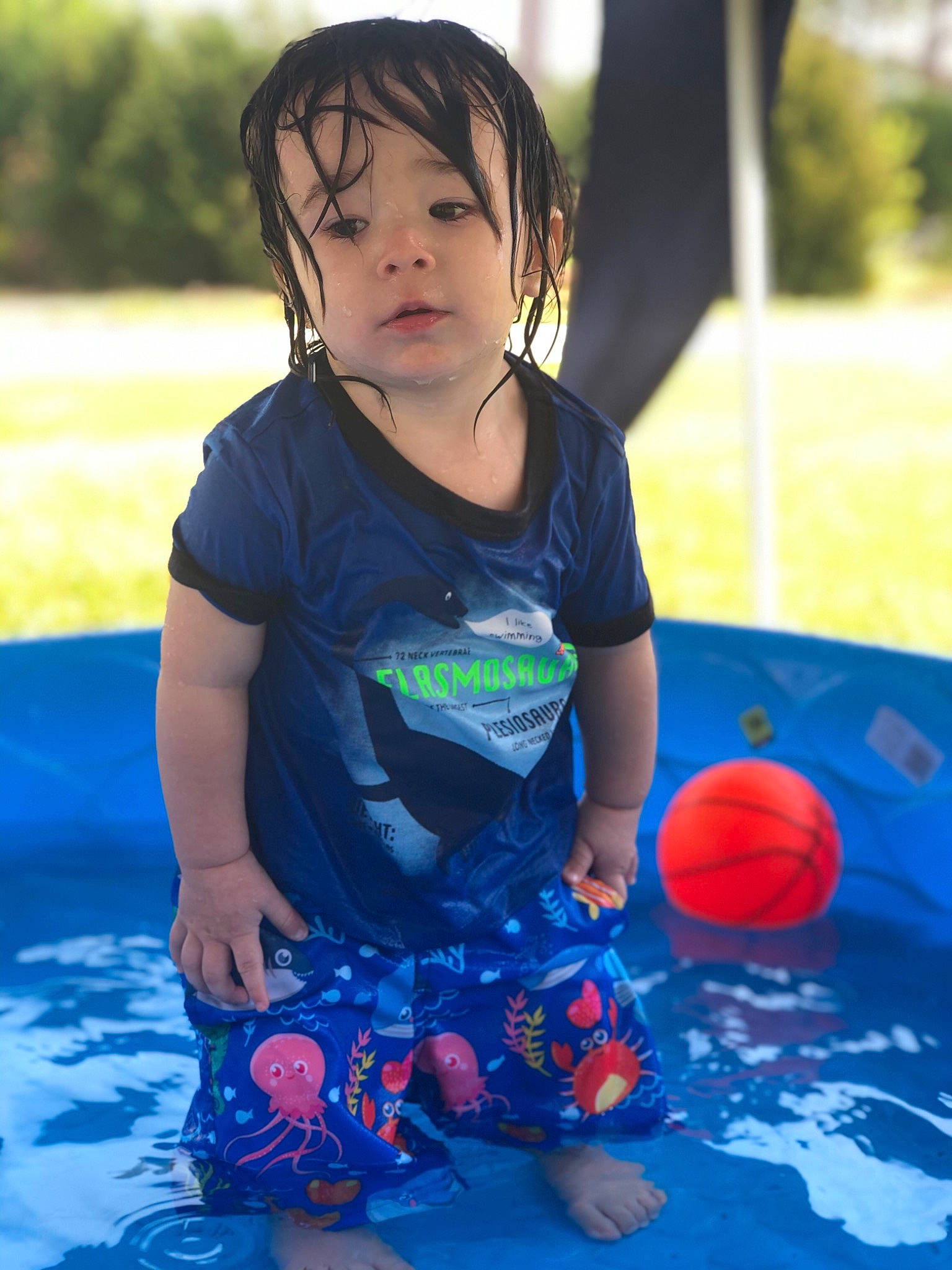 Franklin is registered to the contest to win money with this photo: baby, blue, child, fun, games, happy, headwear, indoor_games_and_sports, leisure, person, play, pool, recreation, red, smile, summer, sunlight, swimming_pool, toddler, vacation