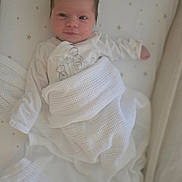 Clara joined the competition — help win amazing prizes! baby, infant, blanket, white_clothing, lying_down, bed, star_pattern, face, newborn, cozy, sleepwear, cute, soft_lighting, indoors, portrait, child, peaceful, resting, young, sleep
