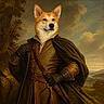 dog, corgi, animal, portrait, medieval, adventurer, warrior, cloak, tunic, gloves, sword, leather, costume, fantasy, painterly, landscape, outdoor, mountains, forest, heroic