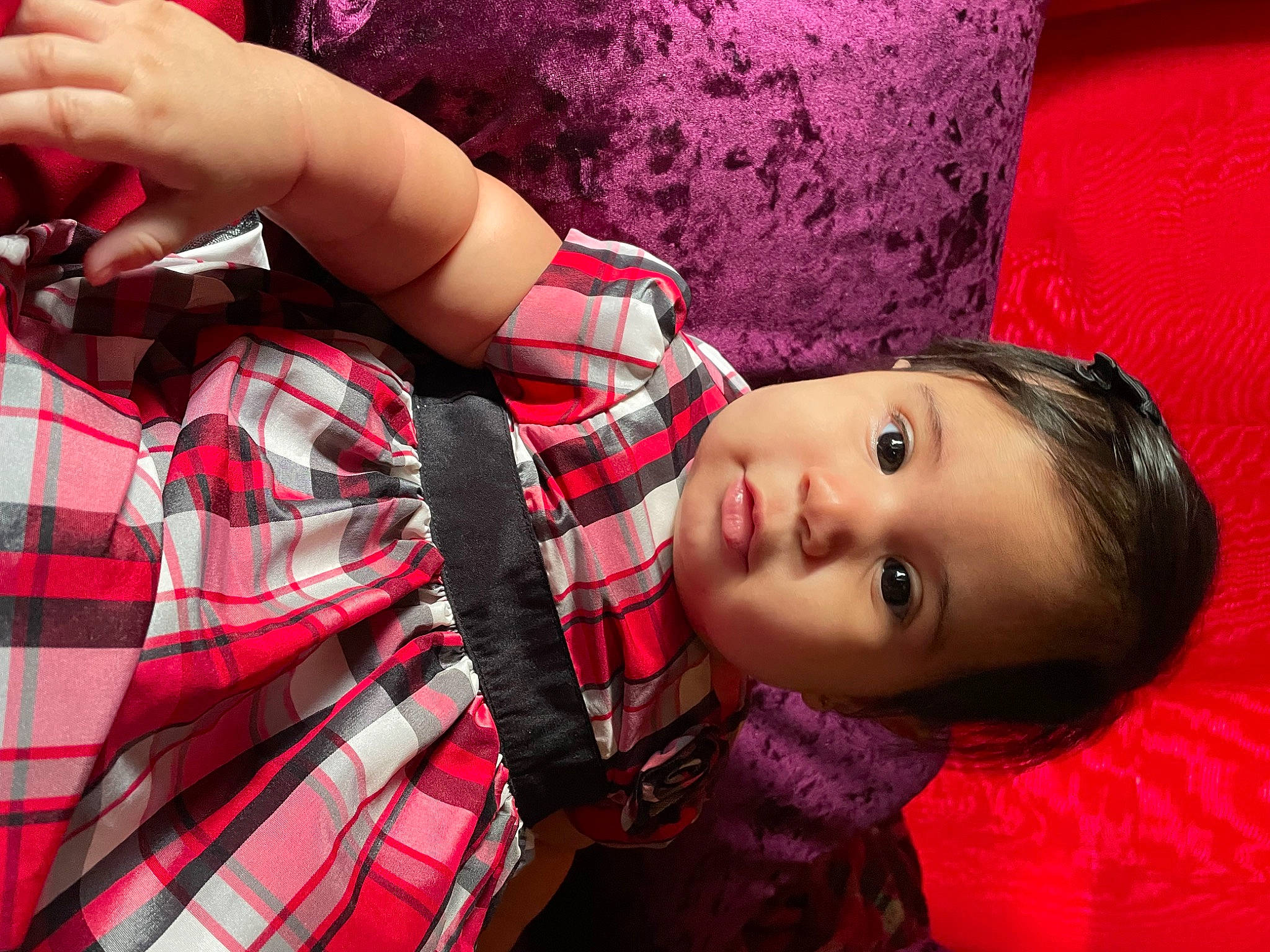 Kataleya joined the competition — help win amazing prizes! black_hair, child, dress, eyelash, flash_photography, happy, lip, magenta, pattern, person, pink, plaid, plant, red, skin, sleeve, tartan, textile, toddler, tree