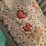 newborn, baby, infant, sleeping, crib, blanket, swaddle, nursery, bed, pajamas, face, hands, feet, portrait, indoors, cozy, animal_pattern, bedding, wooden_crib, resting