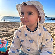 Nola participe au concours pour gagner de l'argent avec cette photo : baby, beach, blue_sky, child, denim, eyes, hearts_pattern, horizon, lace_hat, ocean, portrait, sand, sea, sitting, sun_hat, sunlight, sweater, toddler, toy_bucket, water
