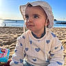 baby, beach, blue_sky, child, denim, eyes, hearts_pattern, horizon, lace_hat, ocean, portrait, sand, sea, sitting, sun_hat, sunlight, sweater, toddler, toy_bucket, water