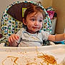 child, baby, high_chair, spaghetti, messy, food, meal, indoor, face, clothing, plate, tray, hair, blue_eyes, expression, sitting, cute, kitchen, dining, feeding