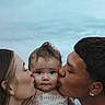 baby, child, adult, kiss, affection, family, outdoor, sky, portrait, love, parent, people, face, closeup, emotion, togetherness, clothing, head, skin, person