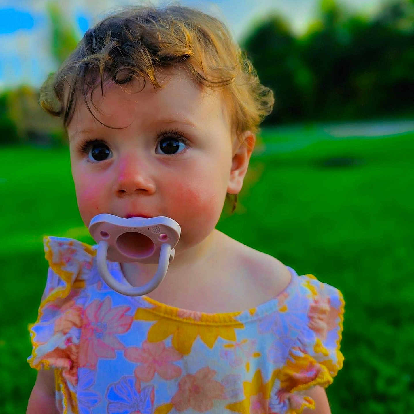 Ryleigh joined the competition — help win amazing prizes! baby, backyard, clothing, dress, face, flower, grass, head, lawn, nature, outdoors, park, person, petal, photography, plant, portrait, purple, summer, t_shirt