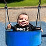 baby, swing, playground, child, smiling, happy, outdoor, sunlight, blue, clothing, grass, seat, metal, chain, fun, person, cute, joy, park, toddler