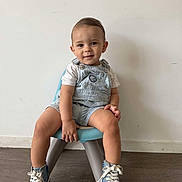 Nino Letellier participe au concours pour gagner de l'argent avec cette photo : baby, casual_clothing, chair, child, cute, denim_overalls, fashion, footwear, happy, indoor, person, portrait, shorts, sitting, smiling, sneakers, toddler, white_wall, wooden_floor, young_child
