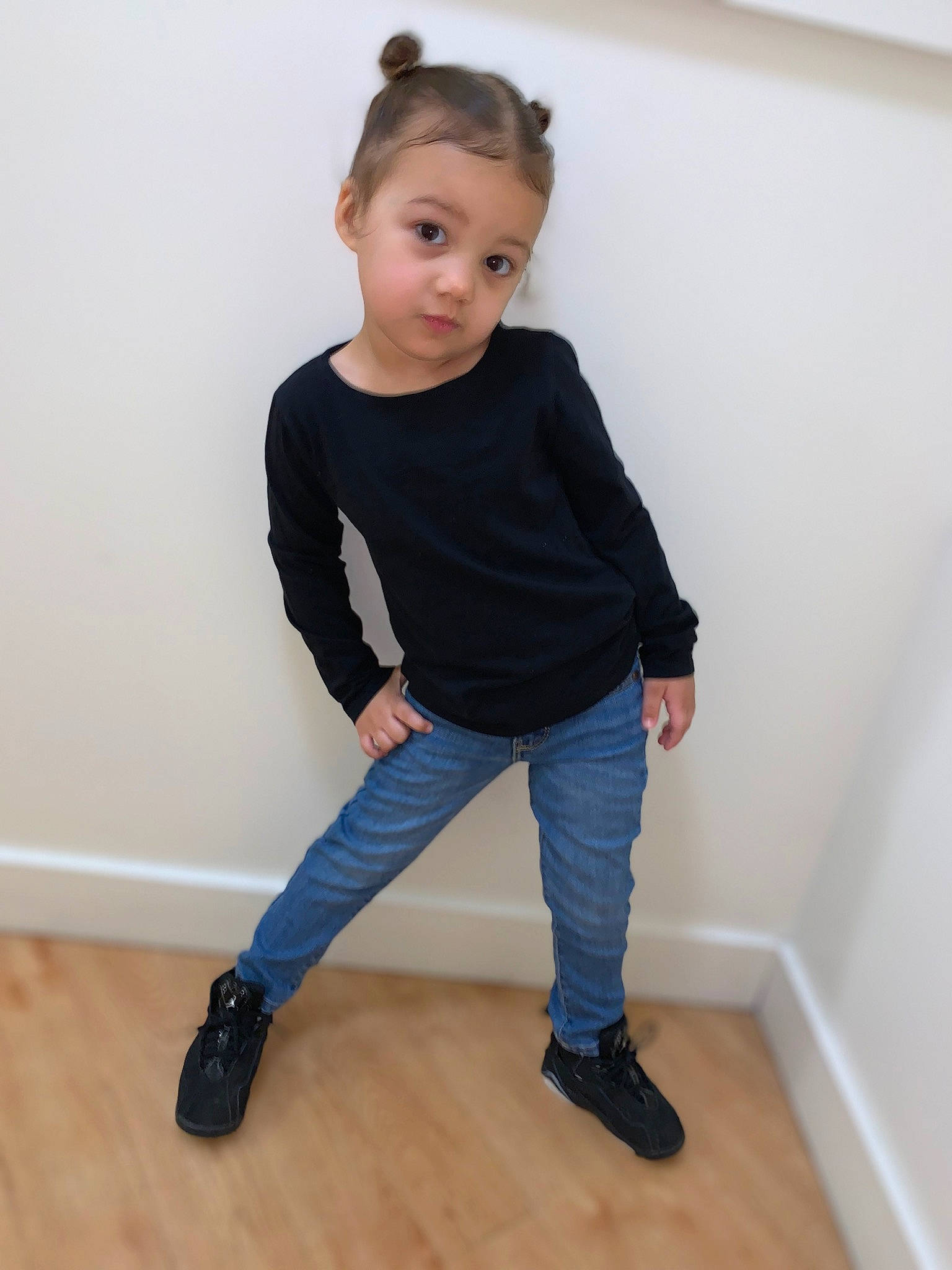 Melani is registered to the contest to win money with this photo: baby_toddler_clothing, dance, denim, electric_blue, face, fashion_design, floor, flooring, hardwood, knee, laminate_flooring, leg, neck, person, sleeve, sportswear, street_fashion, t_shirt, toddler, waist
