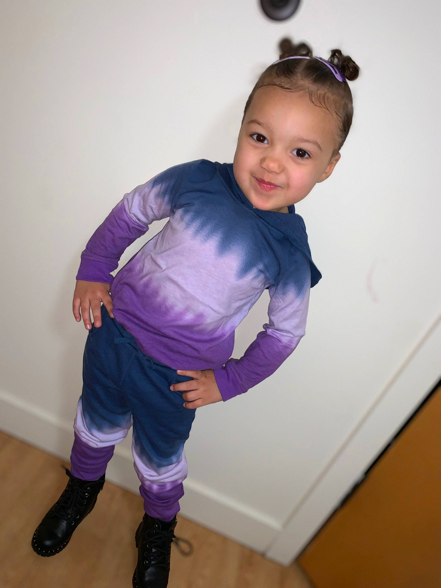 Melani joined the competition — help win amazing prizes! baby_toddler_clothing, boot, electric_blue, flash_photography, flooring, human_leg, joy, knee, leg, magenta, person, personal_protective_equipment, pink, purple, sleeve, smile, sock, sportswear, t_shirt, thigh