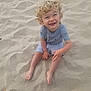 Eyden a rejoint le concours — aidez-le/la à gagner de superbes lots ! child, toddler, sand, beach, smiling, curly_hair, blue_shirt, striped_shorts, barefoot, outdoor, happy, sitting, playful, summer, sunlight, casual_clothing, young_child, fun, nature, portrait