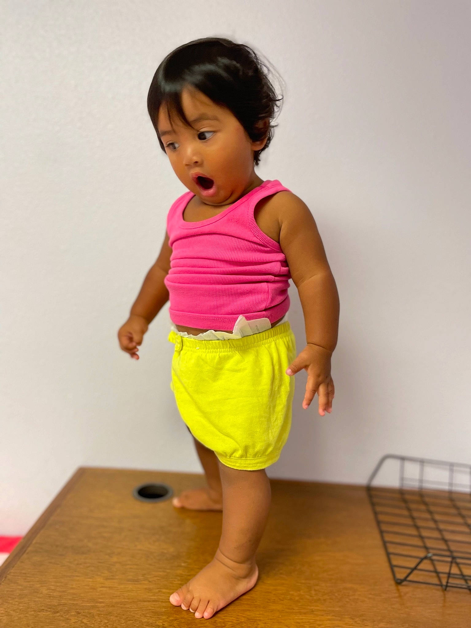 Tylin-rae joined the competition — help win amazing prizes! baby_toddler_clothing, barefoot, child, fashion_design, gesture, hair, happy, human_body, human_leg, knee, magenta, neck, one_piece_garment, person, skin, sleeve, surprise, t_shirt, thigh, toddler