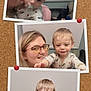 child, toddler, adult, woman, glasses, pajamas, pacifier, smile, hug, candid, indoor, portrait, collage, cork_board, pinned_photo, playful, happy, family, love, expression