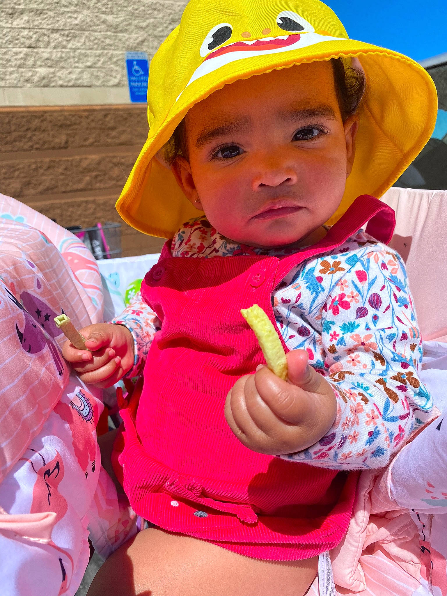 Avayah is registered to the contest to win money with this photo: baby, baby_toddler_clothing, cap, child, costume_hat, facial_expression, fun, happy, hat, headgear, headwear, people, person, personal_protective_equipment, pink, red, skin, sleeve, summer, sun_hat