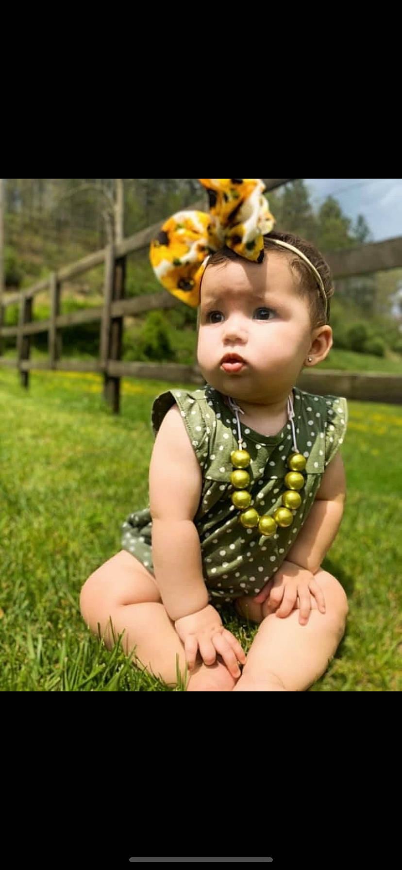 Hadlee is registered to the contest to win money with this photo: baby, baby_toddler_clothing, child, child_model, design, fawn, grass, hair_accessory, happy, headband, headgear, meadow, pattern, person, photography, plant, play, smile, summer, toddler