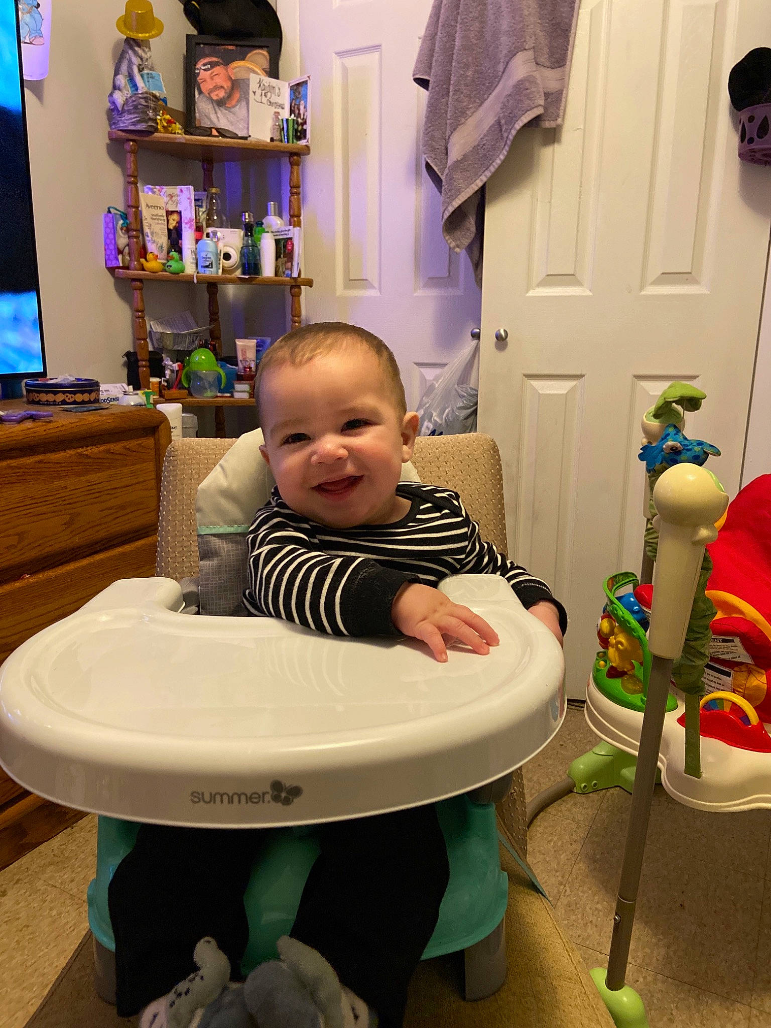 Kaidyn is registered to the contest to win money with this photo: baby, child, furniture, hairstyle, headwear, joy, person, play, room, toddler, vacation