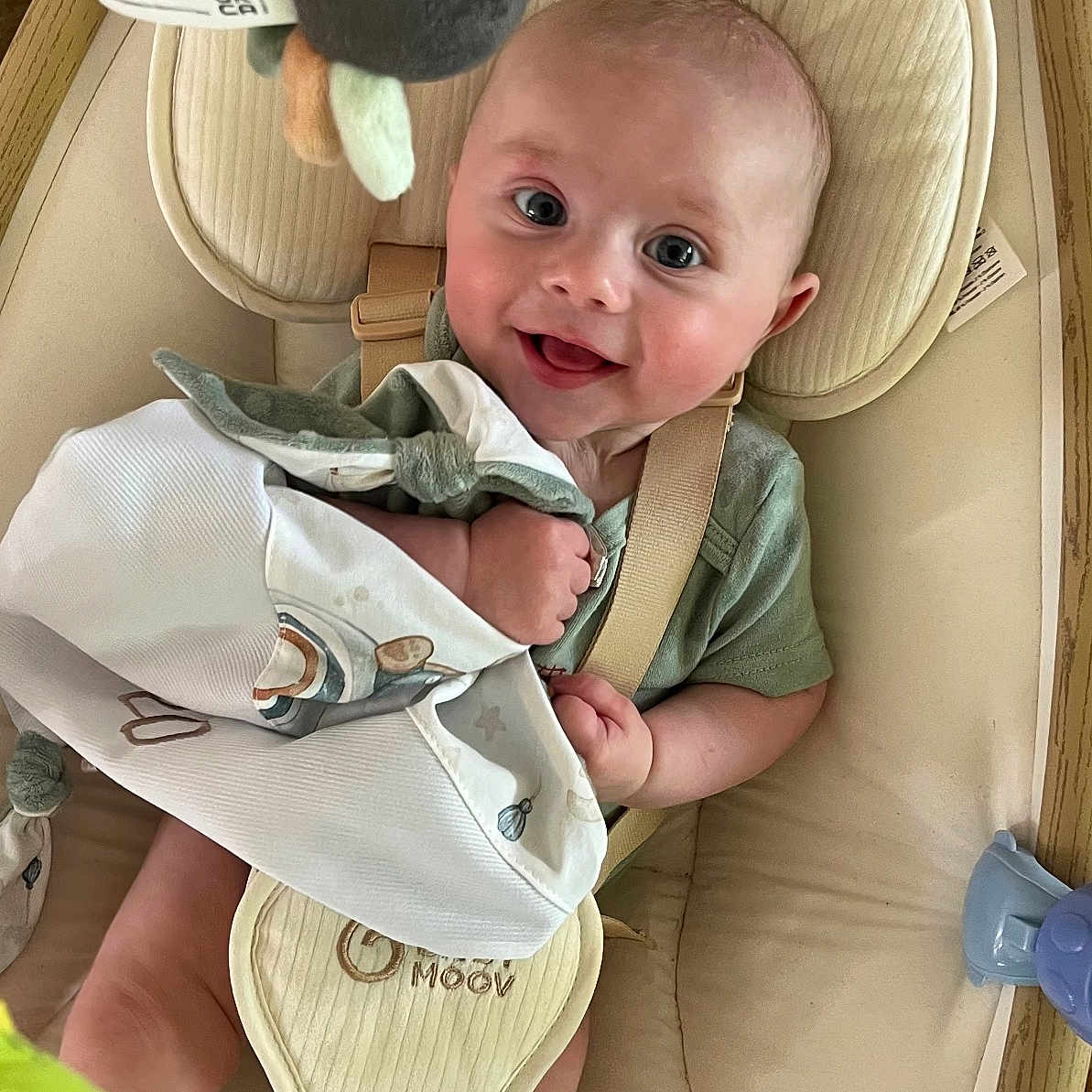 Léo participe au concours pour gagner de l'argent avec cette photo : baby, baby_seat, child, cloth, comfort, cushion, cute, face, happy, holding, indoor, infant, person, playful, plush_toy, seat, smiling, straps, toy, young