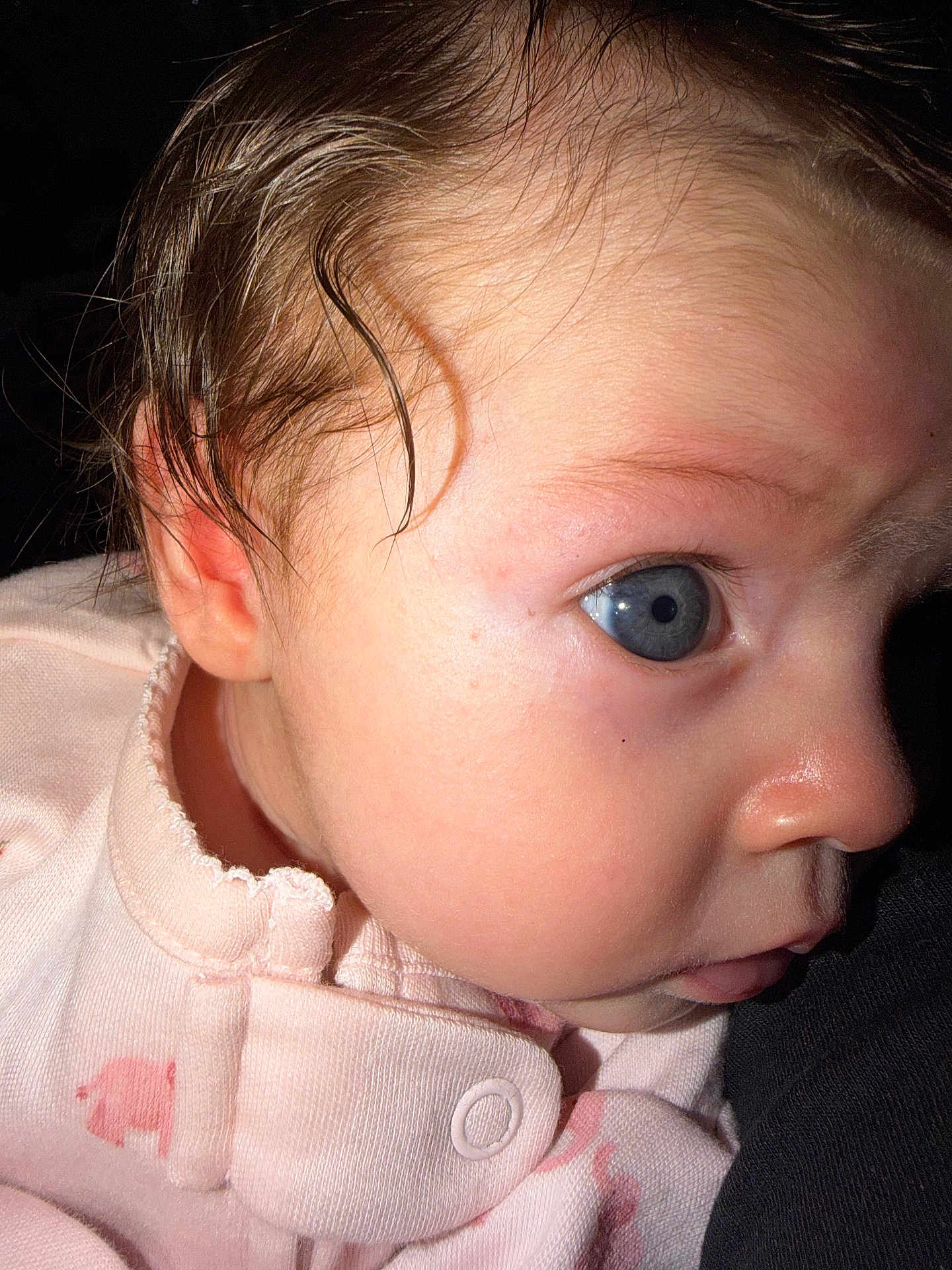 Xenaida is registered to the contest to win money with this photo: baby, closeup, face, blue_eyes, pink_outfit, wet_hair, infant, child, cute, skin, portrait, newborn, clothing, person, looking, young, human, expression, soft_light, indoors