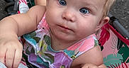 Azmae joined the competition — help win amazing prizes! baby, child, infant, portrait, blue_eyes, blonde_hair, smiling, curious, floral_outfit, hair_bow, stroller, seated, outdoor, carpet, barefoot, hand, foot, colorful, close_up, photography