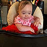 baby, child, infant, portrait, smiling, sitting, high_chair, pink_outfit, red_skirt, floral_pattern, baby_clothing, indoors, home, furniture, cushion, office, desk, computer_monitor, toys, photography