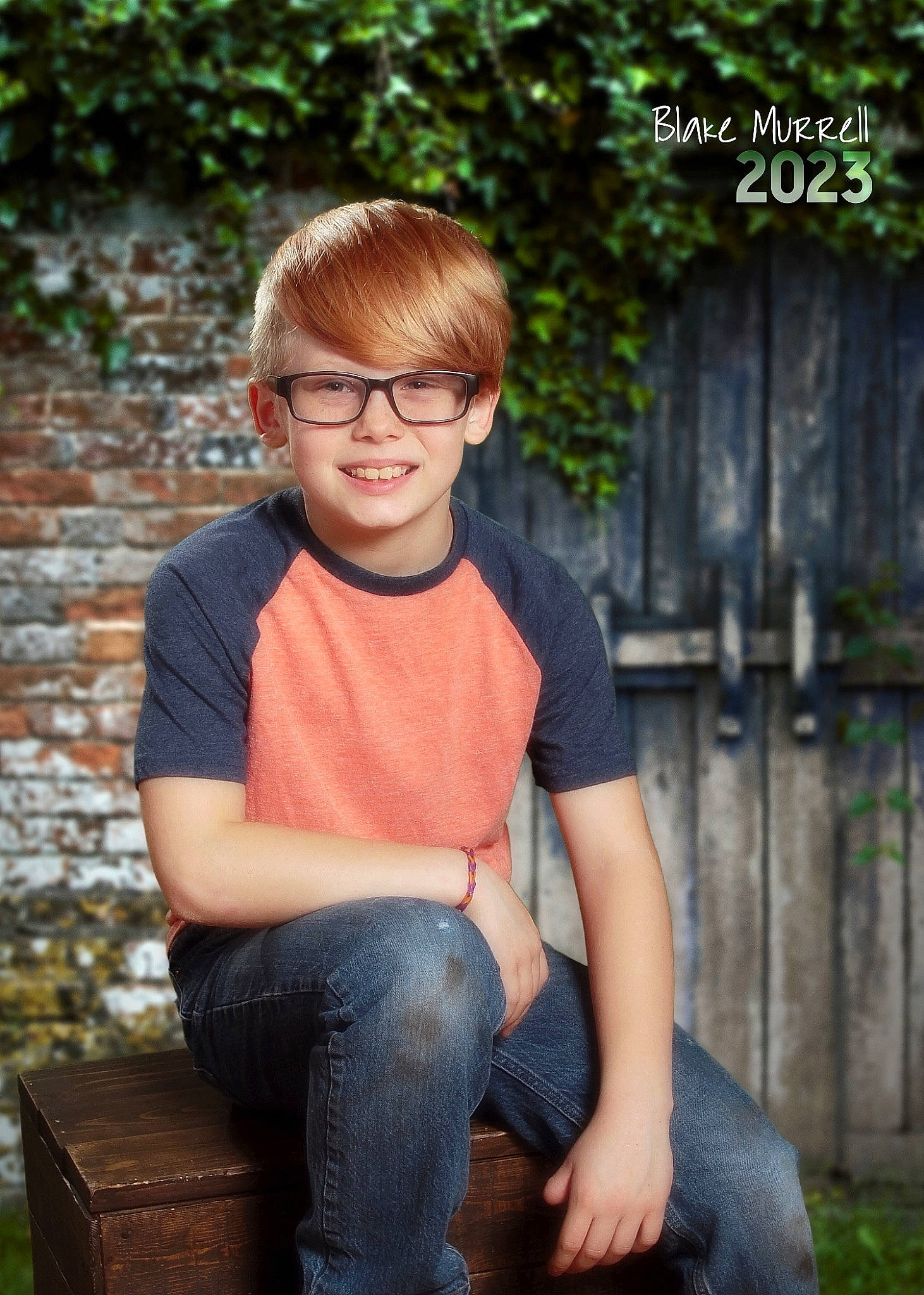 Blake is registered to the contest to win money with this photo: child, chin, cool, denim, eyewear, face, flash_photography, glasses, grass, happy, jeans, joy, leisure, people_in_nature, person, plant, sleeve, smile, t_shirt, tree
