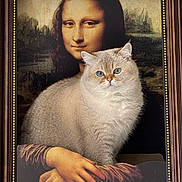 Alice joined the competition — help win amazing prizes! cat, mona_lisa, painting, frame, portrait, fluffy_cat, blue_eyes, art, classic_art, indoor, animal, pet, feline, decor, expression, sitting, whimsical, funny, creative, background