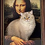 cat, mona_lisa, painting, frame, portrait, fluffy_cat, blue_eyes, art, classic_art, indoor, animal, pet, feline, decor, expression, sitting, whimsical, funny, creative, background