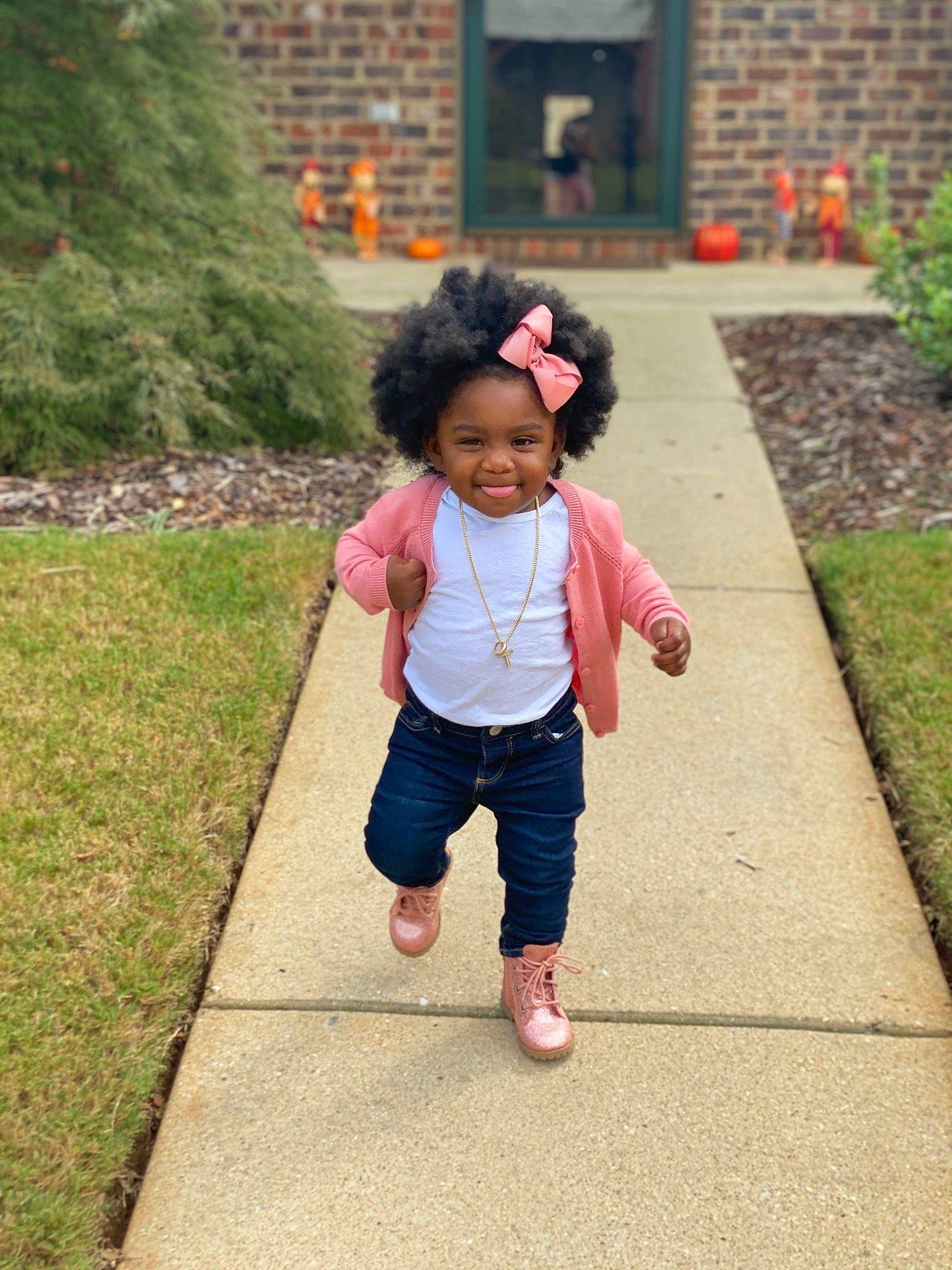 Talia joined the competition — help win amazing prizes! baby, child, fun, grass, joy, leaf, leisure, person, pink, plant, play, smile, snapshot, standing, toddler, vacation, walking