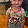 Addison is registered to the contest to win money with this photo: toddler, child, smiling, indoor, wooden_floor, pink_bow, headband, minnie_mouse, tshirt, shorts, sneakers, cute, happy, person, clothing, footwear, standing, playful, young_child, portrait