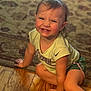 toddler, child, smiling, crawling, indoor, wooden_floor, rug, happy, person, shorts, tshirt, cheeks, hair, hand, face, skin, expression, playful, young_child, home